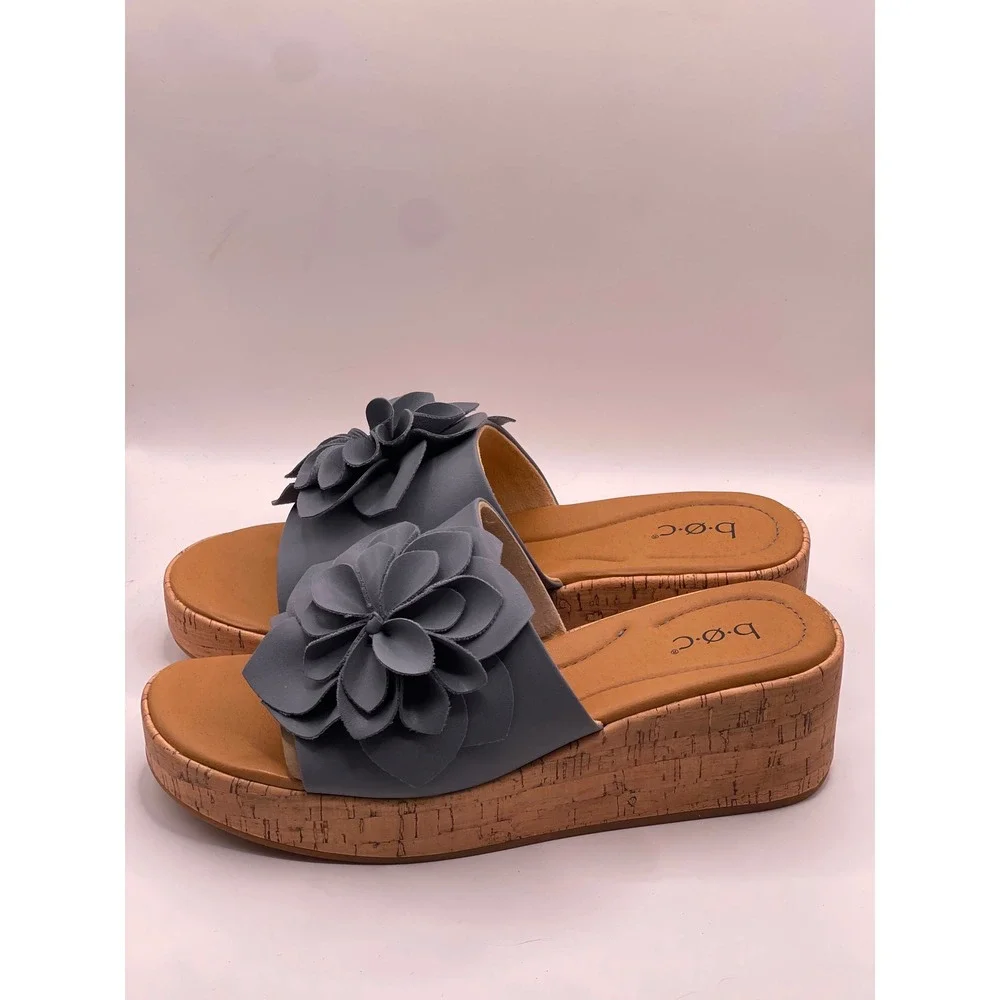 B.O.C. Laryssa Light Blue Floral Platform Slide Sandals Cork Wedge Womens